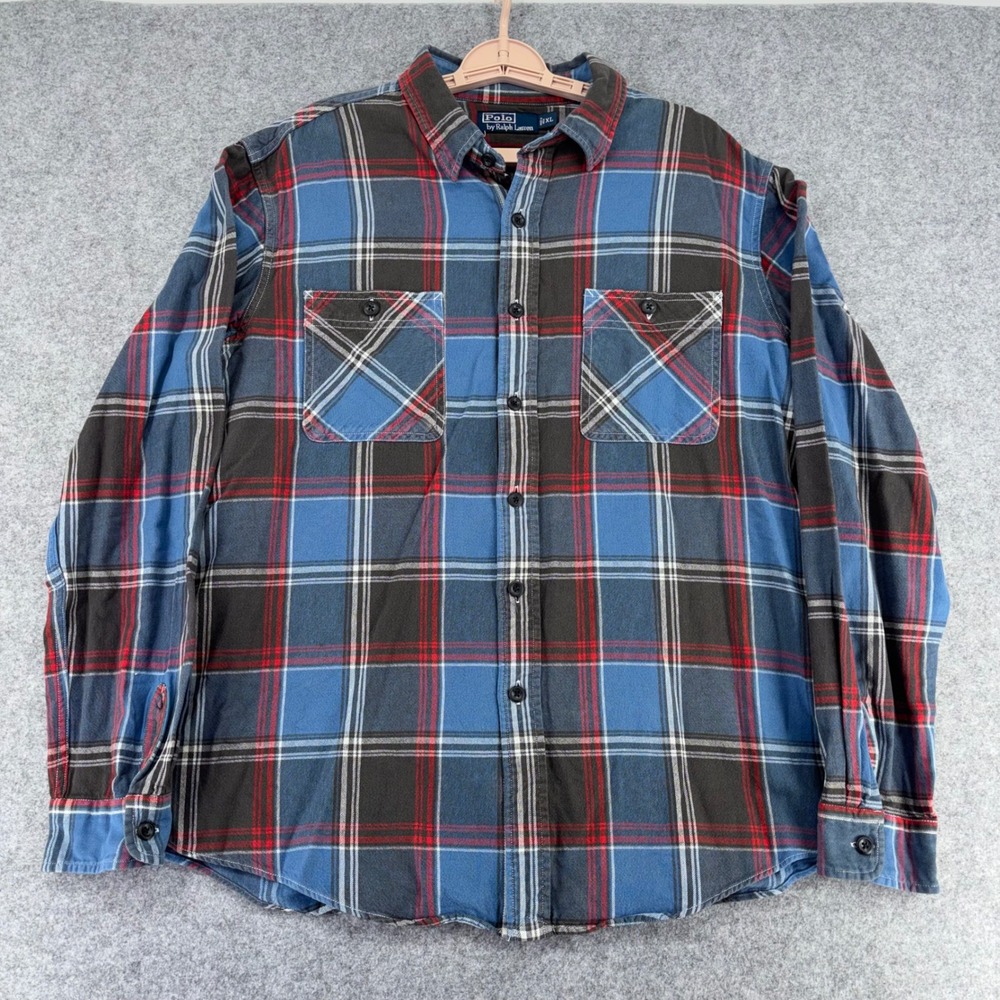 Polo Ralph Lauren Mens XL Blue Red Plaid Flannel Button Down Shirt Cotton